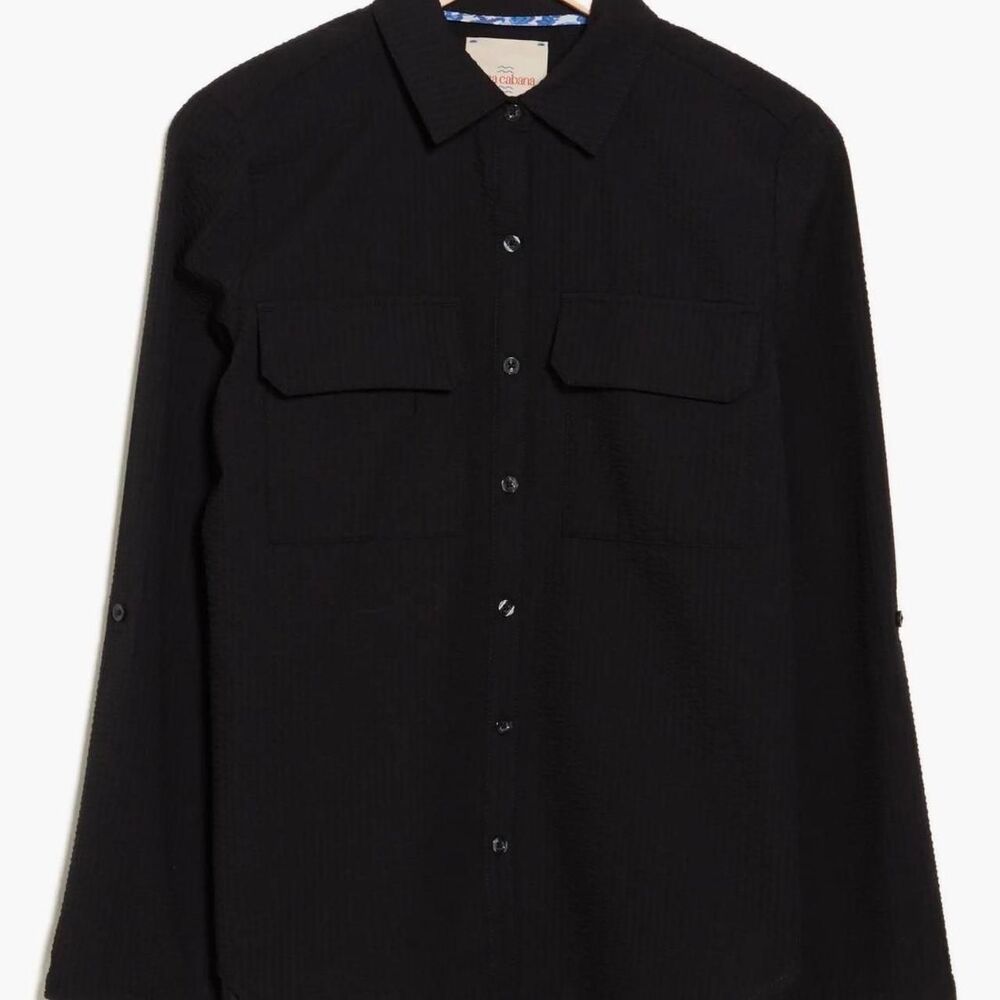 CASA CABANA Izzie Shirt Women Top Black Seersucker Button Up Roll Tab Sleeve NWT